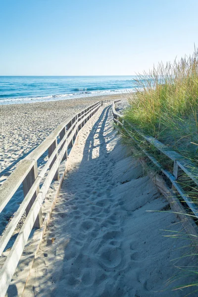 Sahilde ahşap podyum ına yazın güneşli günü
