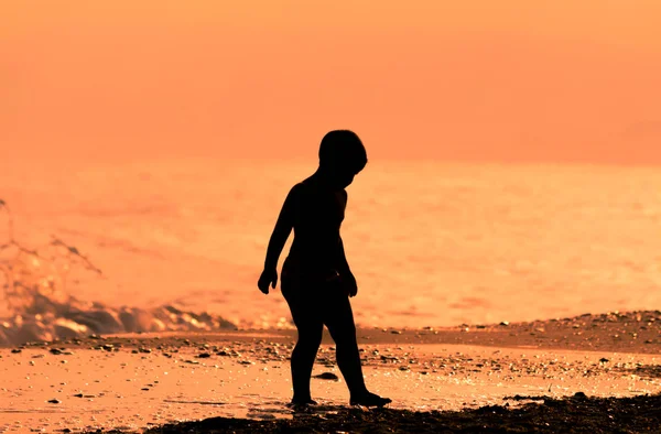 Silhouette Ребенка Пляже Закате Летний Вечер — стоковое фото