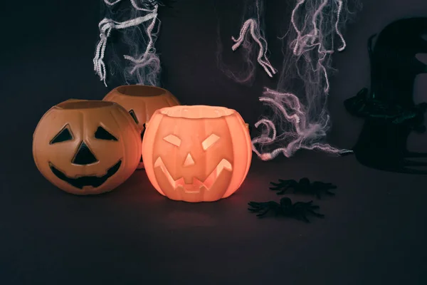 Halloween Toys Pumpkins Spiders Cobwebs Dark Background — Stock Photo, Image