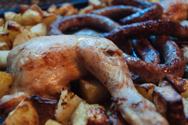 Chicken Leg Potatoes Sausage — Stock Photo, Image
