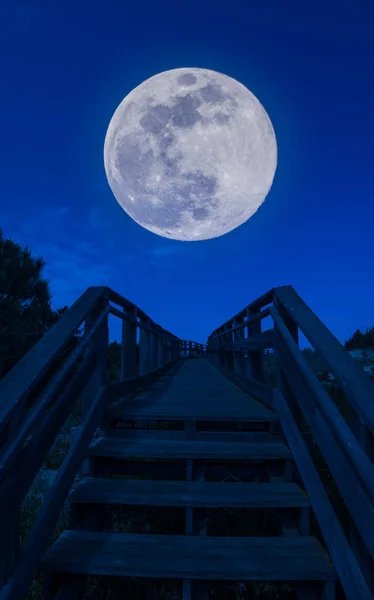 Pasarela de madera con superluna — Foto de Stock