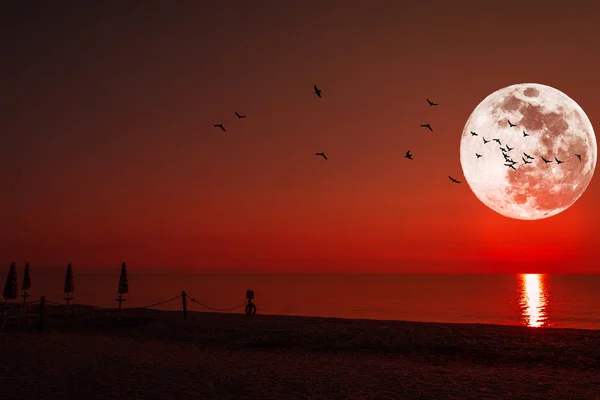Super luna en el mar en una puesta de sol roja — Foto de Stock