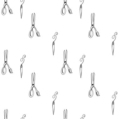 Beyaz arka planda sevimli makas iğneleri. Karalama hatları pürüzsüz kare desen. Kumaş, kağıt, tekstil, ambalaj kağıdı, pankart, ambalaj, kapak, duvar kağıdı baskısı