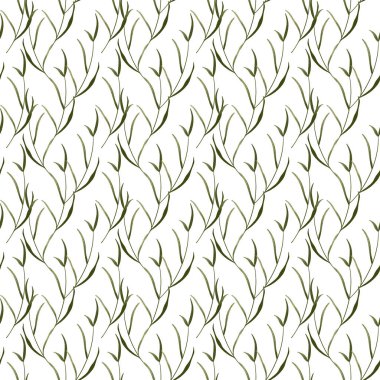 Yeşil çim dalları yaz bitkisi, çiçek. Beyaz bir arka planda desenli dijital sanat karesi kusursuz desen. Kumaş, kıyafet, kartpostal, düğün, davetiye, ambalaj kağıdı baskısı.