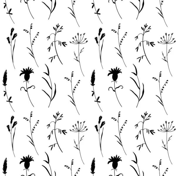 Kawałki Trawy Latem Roślina Kwiat Kontur Doodle Art Kwadratowy Bezszwowy — Zdjęcie stockowe