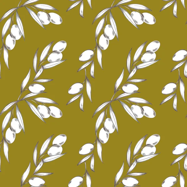 Simple Olive Sprigs Square Seamless Pattern Yellow Background Digital Line — Stock Photo, Image