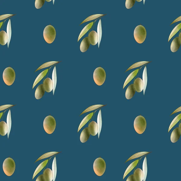 蓝色背景上的绿色橄榄绿正方形无缝图案的小枝 水彩画数字艺术 织物印刷 包装纸 咖啡店 — 图库照片