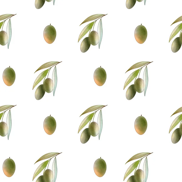 Прості Гілки Зеленого Оливкового Квадратного Безшовного Візерунка Білому Тлі Акварельне — стокове фото