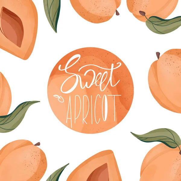 Fruit Square Postcard Frame Inscription Sweet Apricot White Background Digital — Stock Photo, Image