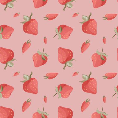 Kawaii çilekli ve yapraklı. Pembe arka planda desensiz dijital sanat deseni. Kumaş, ambalaj kağıdı, tekstil, ambalaj, kartpostal, davetiye, menü, kırtasiye