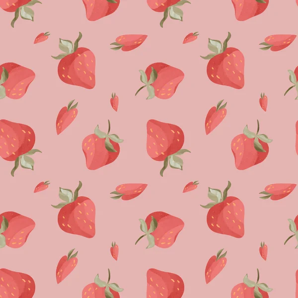Kawaii çilekli ve yapraklı. Pembe arka planda desensiz dijital sanat deseni. Kumaş, ambalaj kağıdı, tekstil, ambalaj, kartpostal, davetiye, menü, kırtasiye