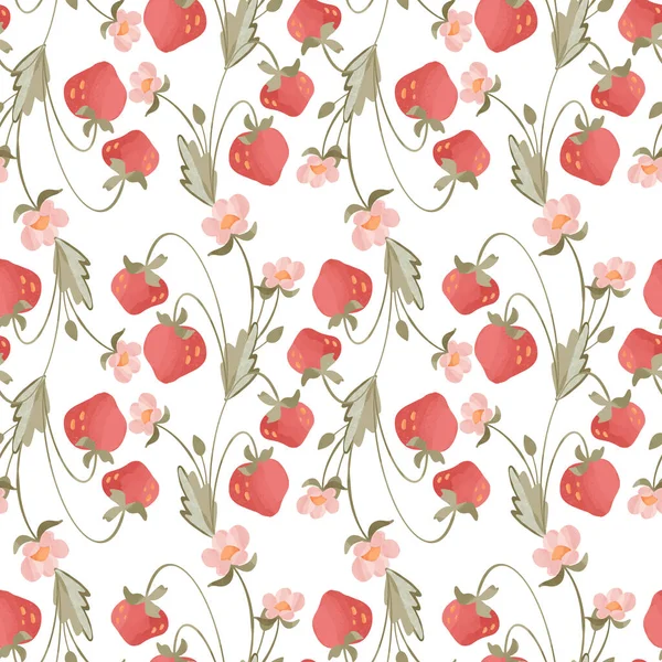Kawaii çilekli ve yapraklı. Beyaz bir arka planda desenli dijital sanat kusursuz kare desen. Kumaş, ambalaj kağıdı, tekstil, ambalaj, kartpostal, davetiye, menü, kırtasiye