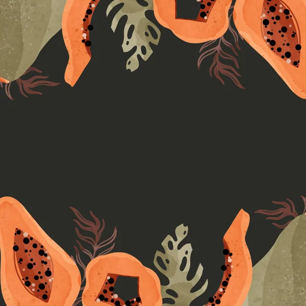 Quadratische Postkartenrahmeneinfassung Mit Papayafrüchten Tropischem Monsterblatt Mit Leerem Platz Für — Stockfoto
