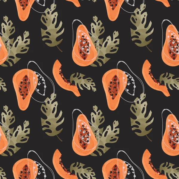 Square Seamless Pattern Papaya Fruit Tropical Leaf Textural Watercolor Digital — Stock Photo, Image