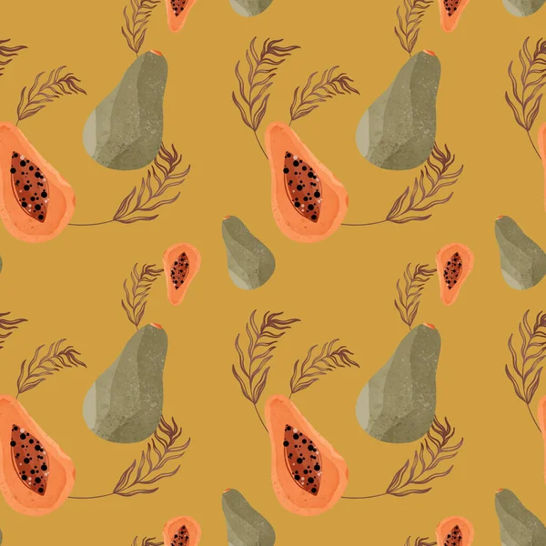 Vierkant Naadloos Patroon Met Papaya Fruit Tropisch Blad Texturale Aquarel — Stockfoto
