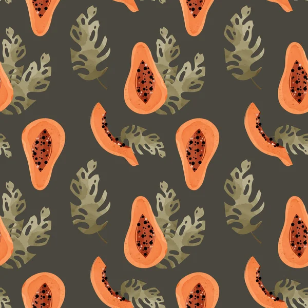 Négyzet Zökkenőmentes Minta Papaya Gyümölcs Trópusi Levél Textúrális Akvarell Digitális — Stock Fotó