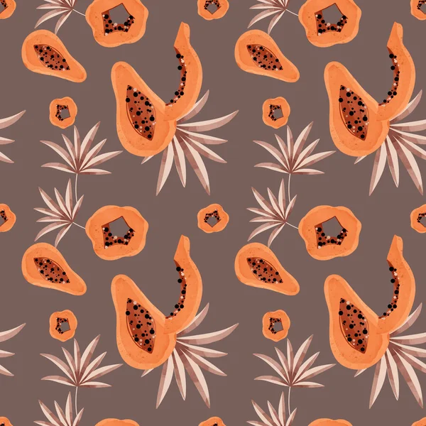 Négyzet Zökkenőmentes Minta Papaya Gyümölcs Trópusi Levél Textúra Akvarell Digitális — Stock Fotó