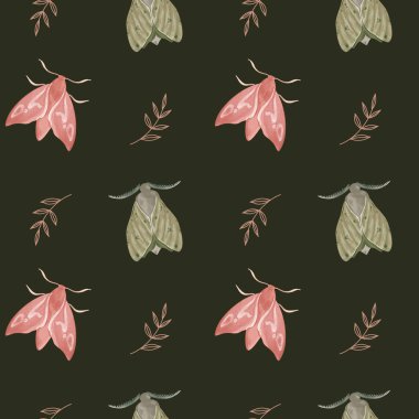 Beyaz zemin üzerinde antenli, kare dikişsiz desenli şirin vintage güveler. Dokusal suluboya dijital sanat. Kartlar, ambalaj kağıdı, ambalaj, davetiye, düğün