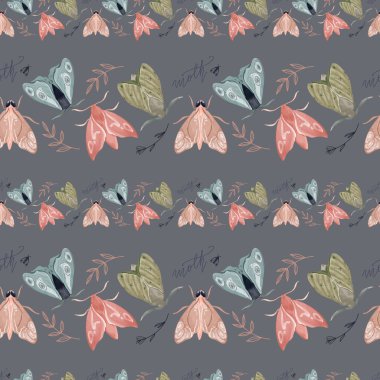 Beyaz zemin üzerinde antenli, kare dikişsiz desenli şirin vintage güveler. Dokusal suluboya dijital sanat. Kartlar, ambalaj kağıdı, ambalaj, davetiye, düğün