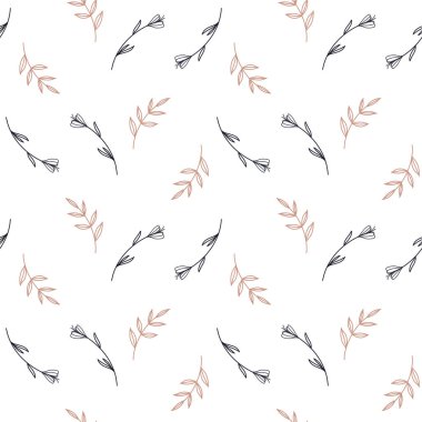 Beyaz arka planda dalları ve çiçekli kare desenli şirin. Karalama dijital sanat hattı. Kartlar, ambalaj kağıdı, ambalaj, davetiye, düğün