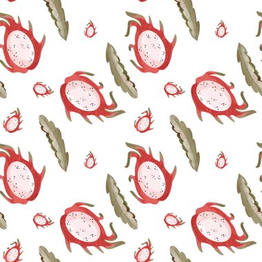 Sulu kawaii pitaya kaktüsü bütün ve kes. Beyaz bir arkaplanda kare şeklinde pürüzsüz desen. Dokusal suluboya düz dijital sanat. Paketleme, ambalaj kağıdı, kumaş, menü, mutfak için yazdır.