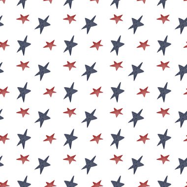 4 Temmuz 'da Amerika' nın bağımsızlık günü için parlak kırmızı, mavi, pürüzsüz bir desen. Ulusal bayrak yıldızları. Dokusal düz dijital sanat. Paketleme, afiş, kartpostal, davet için yazdır.