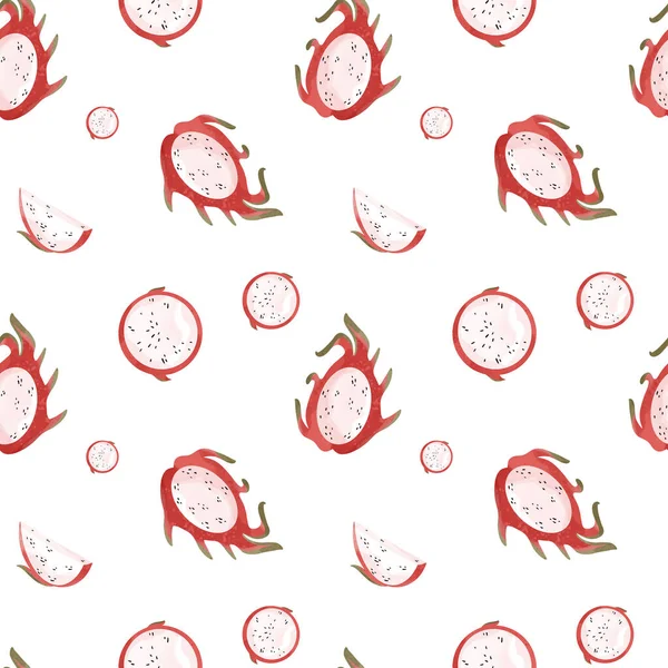 多汁的木瓜仙人掌果实全部切碎 白色背景上的正方形无缝图案 纹理水彩画平面数字艺术 包装纸 厨房用印刷品 — 图库照片