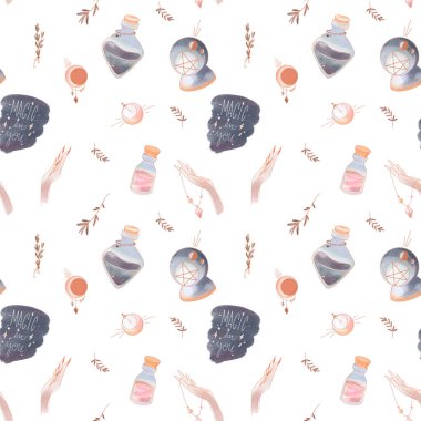 Gizemli okült boho sanat deco cadı iksirleri, kusursuz ay deseni. Beyaz arka planda desenli suluboya dijital sanat. Paket kağıdı, kırtasiye, dövme, kapak, duvar kağıdı, kumaş baskısı