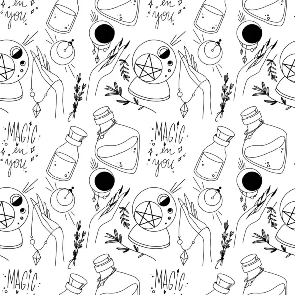 謎のオカルトBohoアートデコ魔女の薬 ハーブのシームレスなパターン 白い背景にデジタルアートドアアウトライン 包装紙 文房具 タトゥー カバー ファブリックのための印刷 — ストック写真