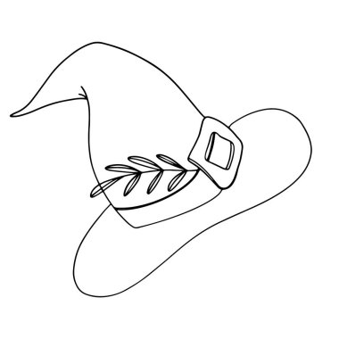 Biberiye filizli mistik büyülü cadı şapkası. Dijital karalama sanatı. Etiket, kırtasiye, dövme, boyama sayfası, ambalaj kağıdı, kartpostal, kumaş baskısı.