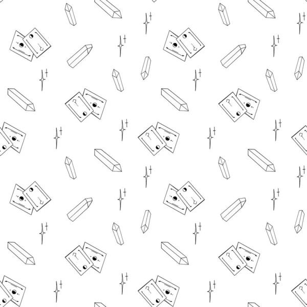 Occult magic card crystal halloween pattern. Squared seamless pattern on a white background. Digital doodle outline art. Print for wrapping paper, fabric, stationery, invitation