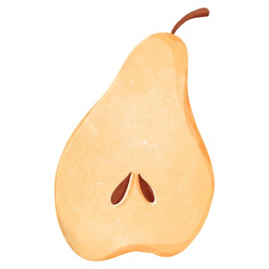 Şirin kawaii armudu yarım meyve ve çukur manzarası izole. Düz suluboya dijital sanat. Paketleme, dövme, çıkartma, marka, sosyal medya postası, ambalaj kağıdı, kartpostal