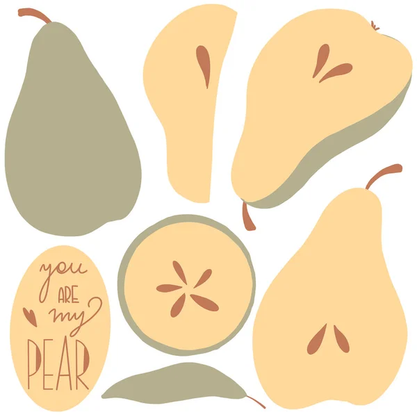 Cute Kawaii Set Pears Whole Slice Circle Hand Lettering You — Stock Photo, Image