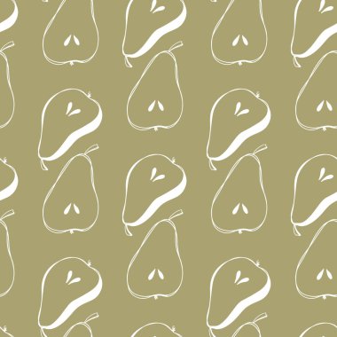 Şirin kawaii armutları ve yeşil bir arka planda dilimler. Taslak kareli, pürüzsüz desen. Kumaş, yatak, ambalaj kağıdı, duvar kağıdı, ambalaj, marka, web tasarımı için yazdır.