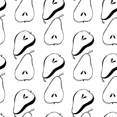 Beyaz arka planda tatlı kawaii armutları ve dilimleri. Taslak kareli, pürüzsüz desen. Kumaş, yatak, ambalaj kağıdı, duvar kağıdı, ambalaj, marka, web tasarımı için yazdır.