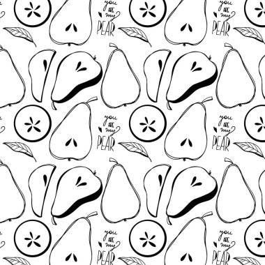 Beyaz arka planda tatlı kawaii armutları ve dilimleri. Taslak kareli, pürüzsüz desen. Kumaş, yatak, ambalaj kağıdı, duvar kağıdı, ambalaj, marka, web tasarımı için yazdır.