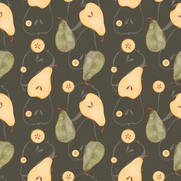 Cute Kawaii Pears Slices Gray Background Textural Watercolor Digital Square — Stock Photo, Image