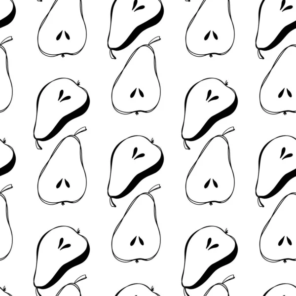 Beyaz arka planda tatlı kawaii armutları ve dilimleri. Taslak kareli, pürüzsüz desen. Kumaş, yatak, ambalaj kağıdı, duvar kağıdı, ambalaj, marka, web tasarımı için yazdır.