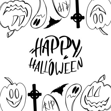 Cadılar Bayramı tatili için beyaz arka planda balkabağı olan şirin kawaii kart karesi sınırı. Dijital karalama sanatı. Kumaş, ambalaj, reklam, afiş, ambalaj kağıdı, kırtasiye malzemesi.