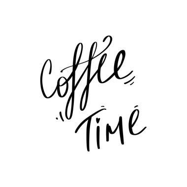 Şirin kawaii el yazısı koyu kahve saati izole edilmiş. Doodle dijital sanatı şekillendiriyor. Sosyal medya paylaşımı, etiket, dövme, kumaş, kıyafet, kırtasiye, menü, kafe