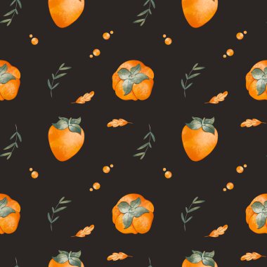 Şirin kawaii dikdörtgen kare desenli ve hurma meyveli. Siyah arka planda desenli dijital sanat. Paket kağıdı, afiş, kumaş, tekstil, mutfak, kartpostal, davetiye, reklam için yazdır.