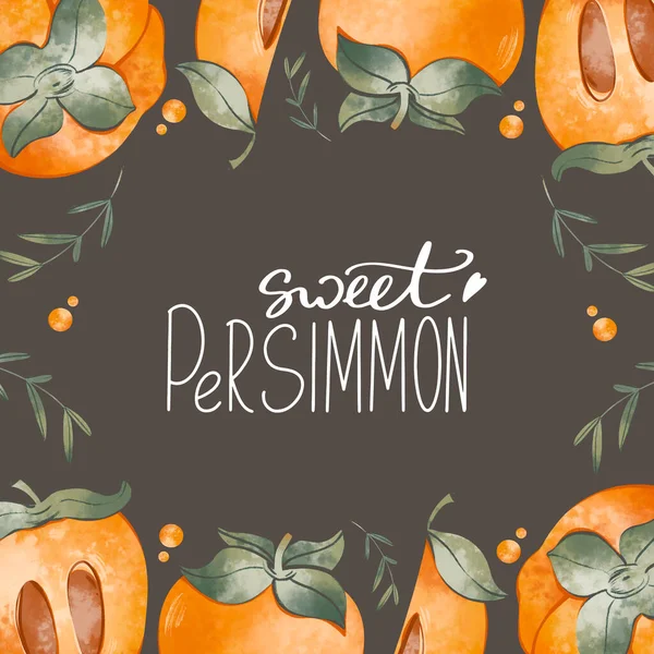 Cute Kawaii Square Greeting Card Hand Lettering Sweet Persimmon Fruit — 스톡 사진