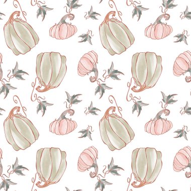 Şirin kawaii peri masalı, dikişsiz kare desenli balkabağı. Beyaz arka planda desenli pastel dijital sanat. Paketleme, ambalaj kağıdı, kırtasiye malzemesi, tekstil, afiş, kartpostal, davetiye