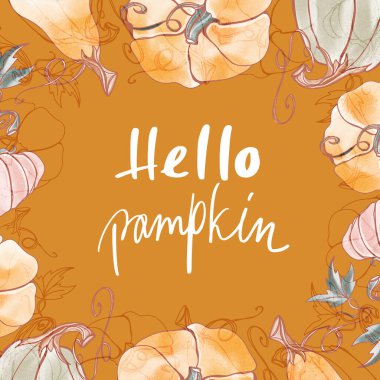 Şirin kawaii peri masalı balkabağı kare tebrik kartı el yazısı merhaba. Turuncu arka planda desenli pastel dijital sanat. Paketleme, ambalaj kağıdı, kırtasiye, tekstil, davet için yazdır