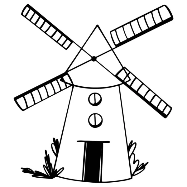 Leuke Kawaii Windmolen Voor Tarwe Geïsoleerd Witte Achtergrond Doodle Contour — Stockfoto