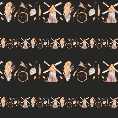 Tatlı kawaii kare desenli buğday ve buğday dikenleri sınırı, siyah arka plandaki kız izole edilmiş. Dijital suluboya sanat. Paketleme, marka, ambalaj kağıdı, tekstil, restoran menüsü, bar için yazdırma