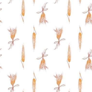Beyaz arka plandaki buğday ve tahıl dallarının tatlı kawaii kare desenleri izole edilmiş. Dijital suluboya sanat. Paketleme, marka, ambalaj kağıdı, tekstil, restoran menüsü, bar için yazdırma