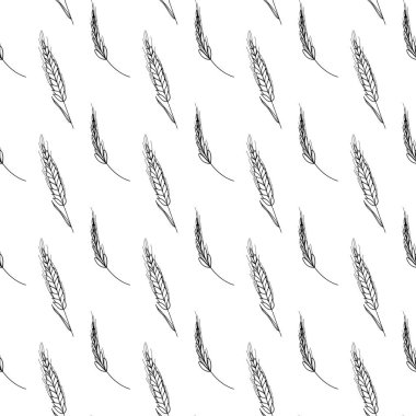 Beyaz arka planda tatlı kawaii kare buğday başakları ve tahıllar izole edilmiş. Dijital karalama sanatı. Paketleme, marka, ambalaj kağıdı, tekstil, restoran menüsü, bar için yazdırma