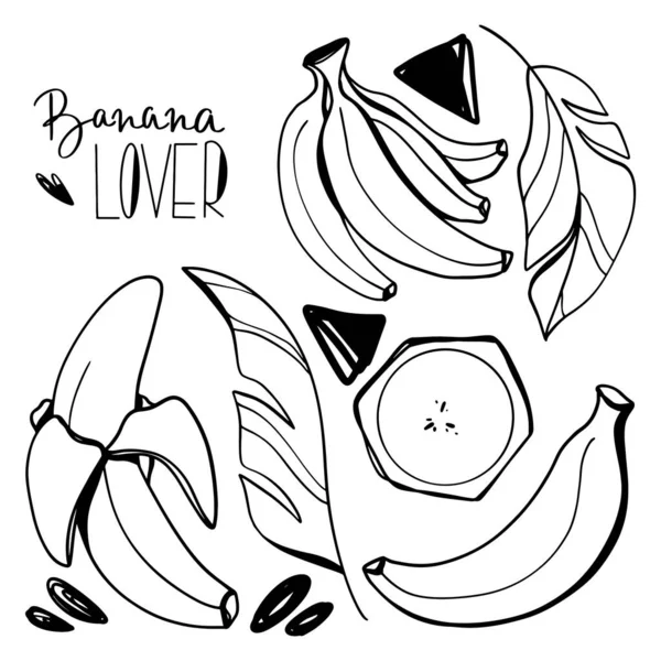 Cute Kawaii Beautiful Banana Leaf Tropic Fruit Lettering Doodle Digital — Stock Photo, Image