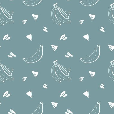 Mavi arka planda şirin kawaii dikişsiz kare muz deseni. Doodle dijital sanatı şekillendiriyor. Paket kağıdı, kumaş, tekstil, giyim, çıkartma, kartpostal, ticari ambalaj, duvar kağıdı baskısı
